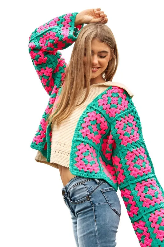 Two-Tone Floral Square Crochet Open Knit Cardigan