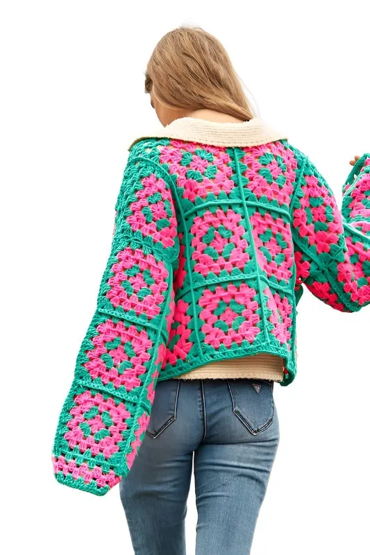 Two-Tone Floral Square Crochet Open Knit Cardigan