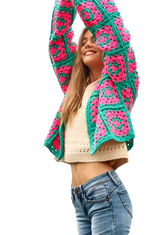 Two-Tone Floral Square Crochet Open Knit Cardigan