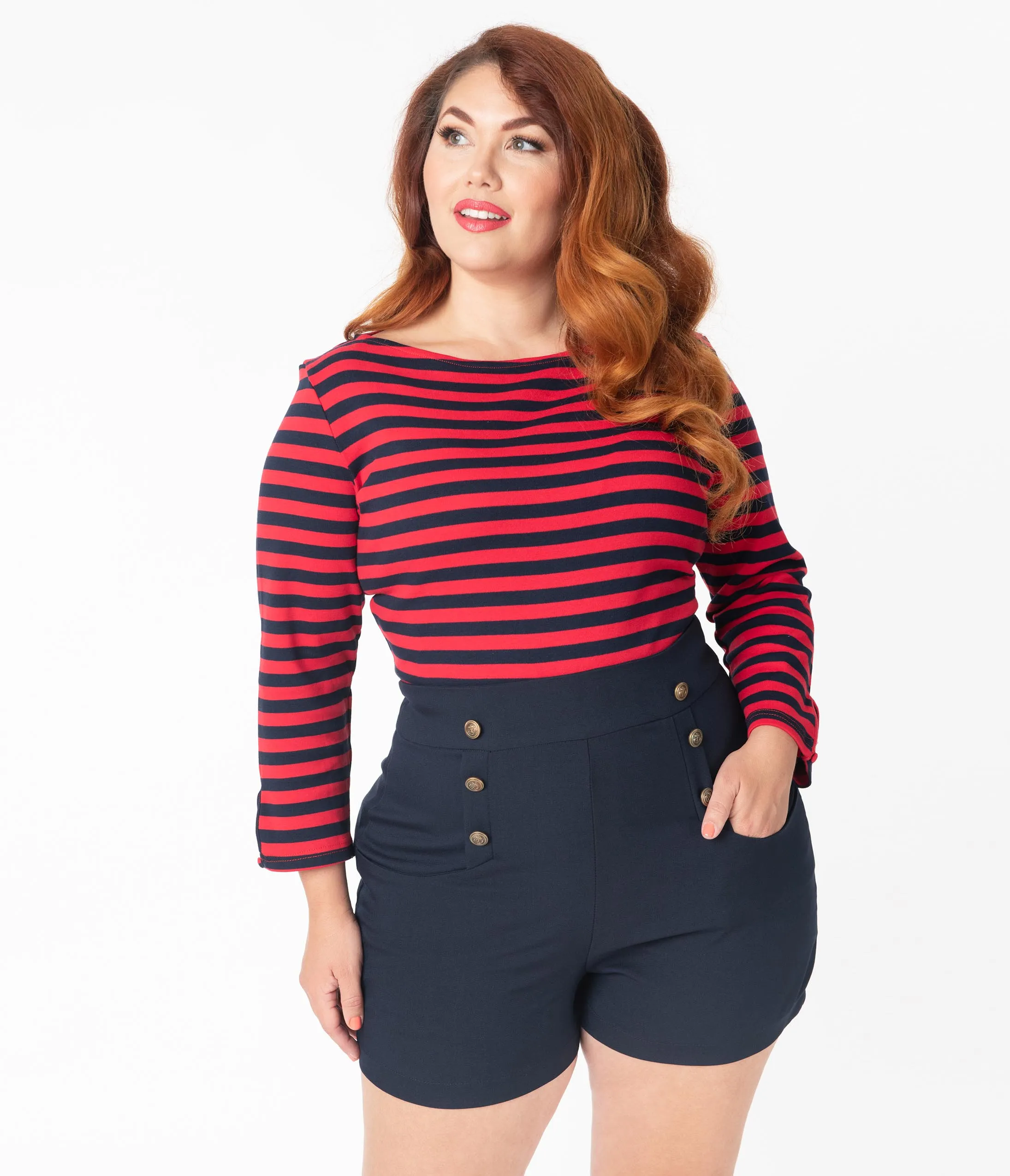 Unique Vintage Plus Size Red & Navy Stripe Knit Gracie Top