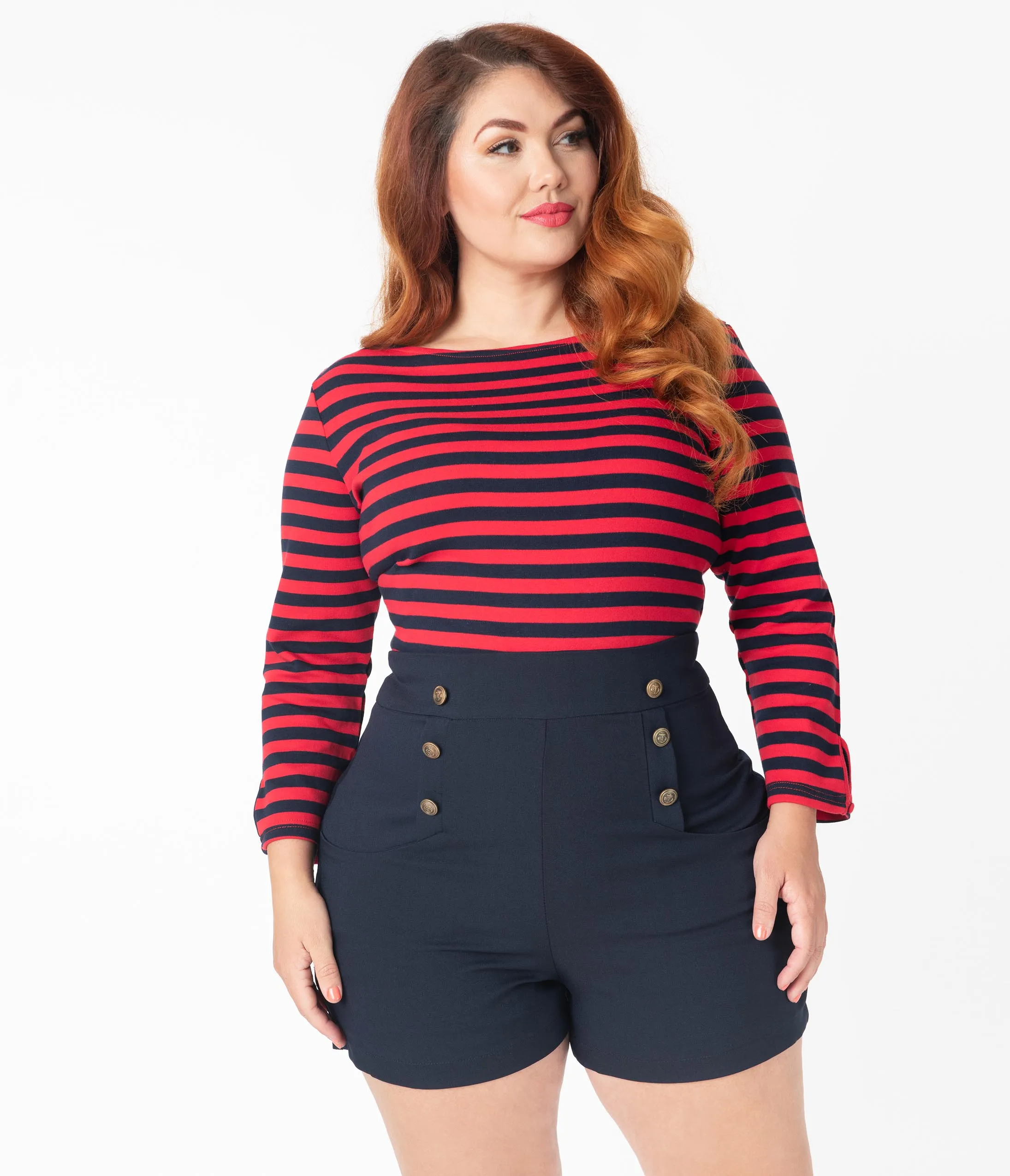 Unique Vintage Plus Size Red & Navy Stripe Knit Gracie Top