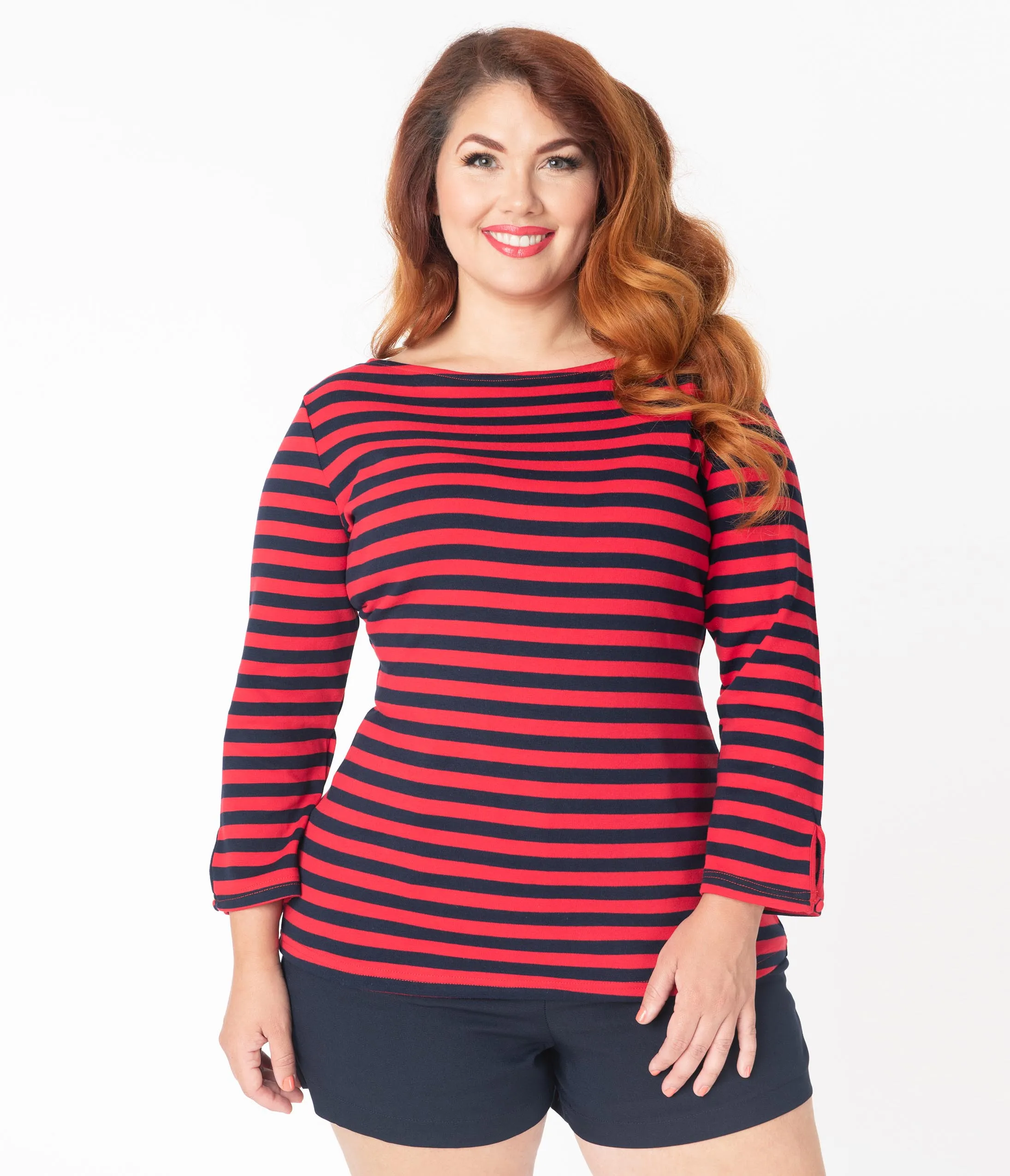 Unique Vintage Plus Size Red & Navy Stripe Knit Gracie Top