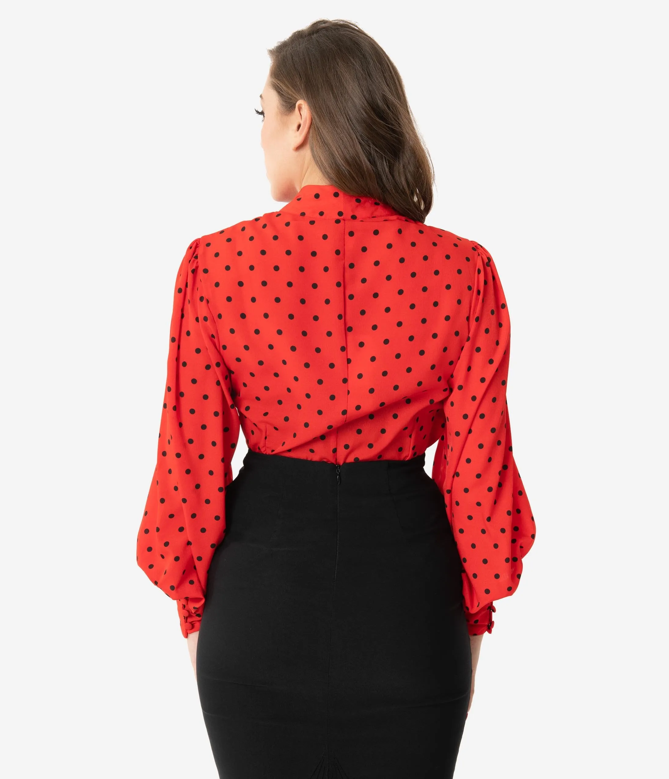 Unique Vintage Red & Black Polka Dot Neck Tie Gwen Blouse