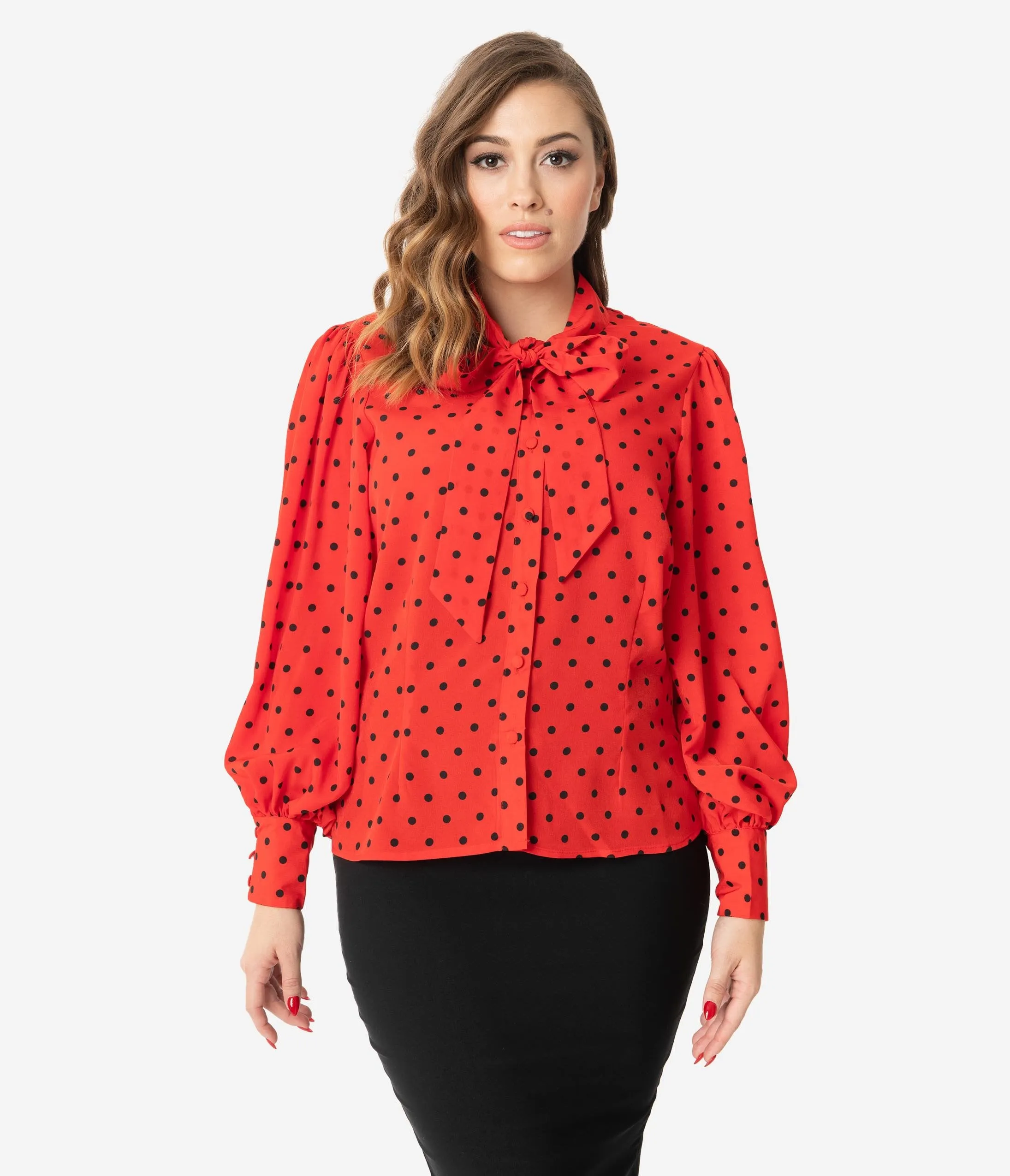 Unique Vintage Red & Black Polka Dot Neck Tie Gwen Blouse