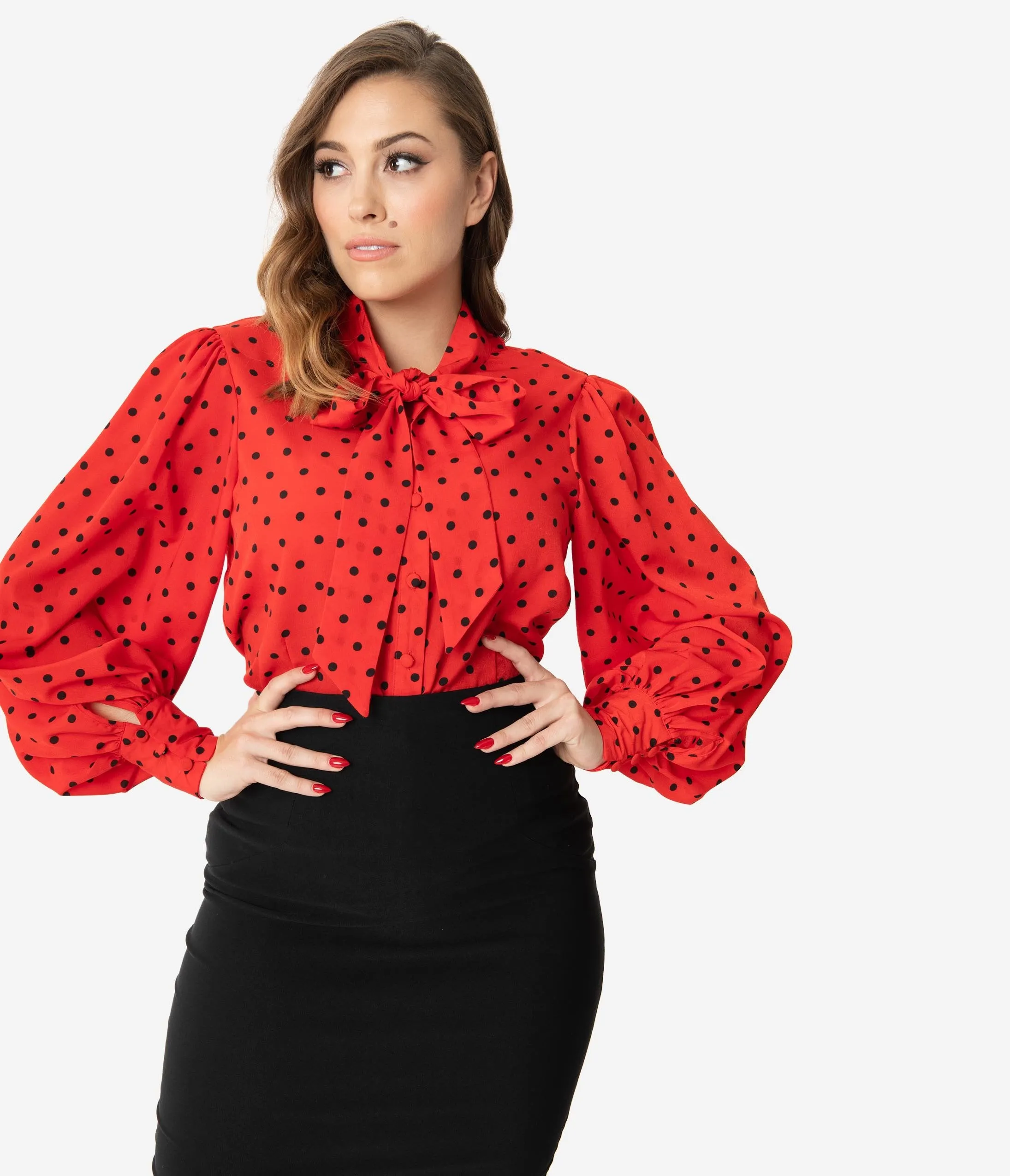 Unique Vintage Red & Black Polka Dot Neck Tie Gwen Blouse