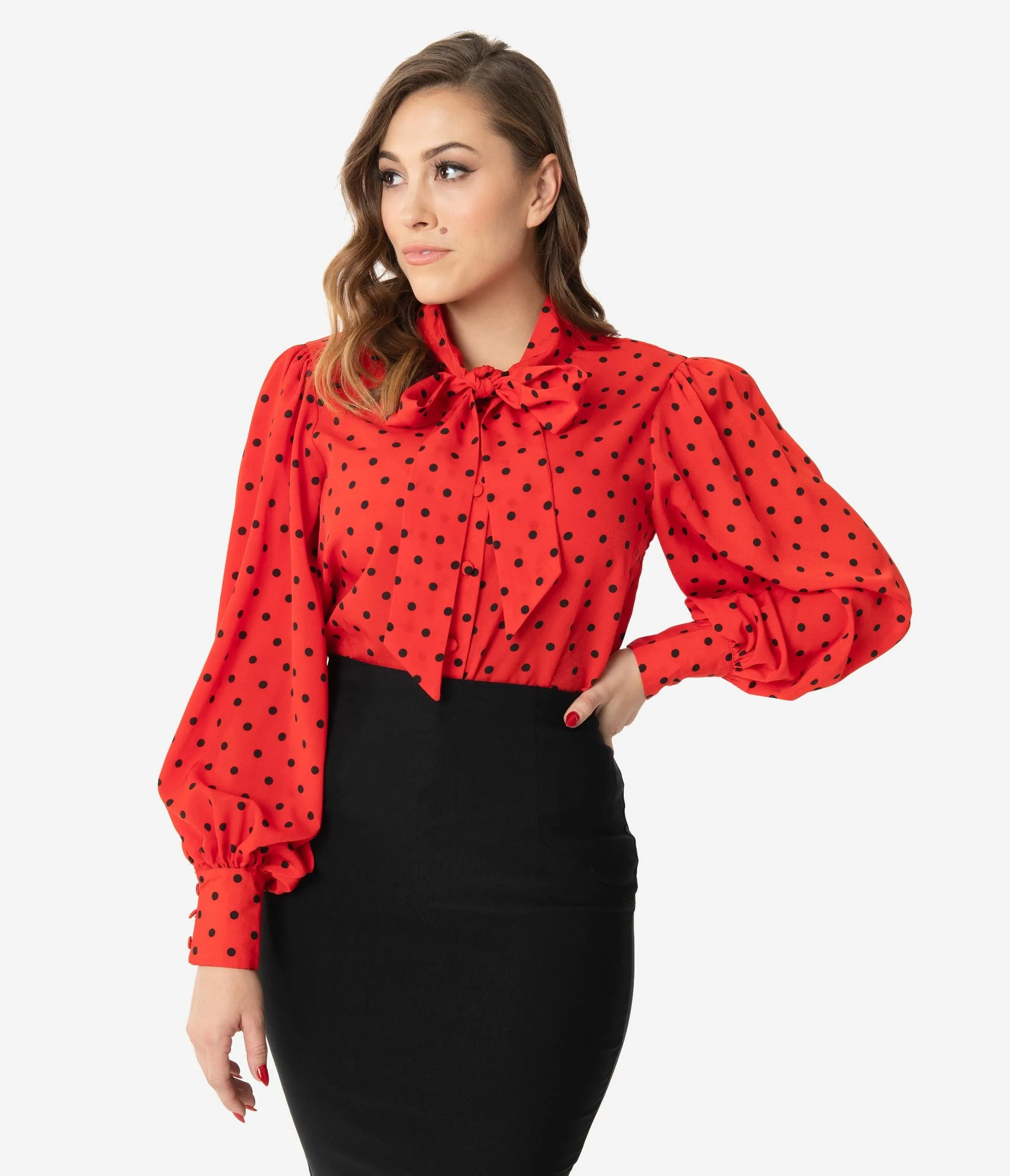 Unique Vintage Red & Black Polka Dot Neck Tie Gwen Blouse