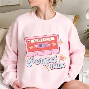 Valentine's Day Retro Cassette Unisex-Size Winter Crewneck Sweatshirt Winter Pullover Vintage Cassette Music Perfect Mix Pink or White Crewneck