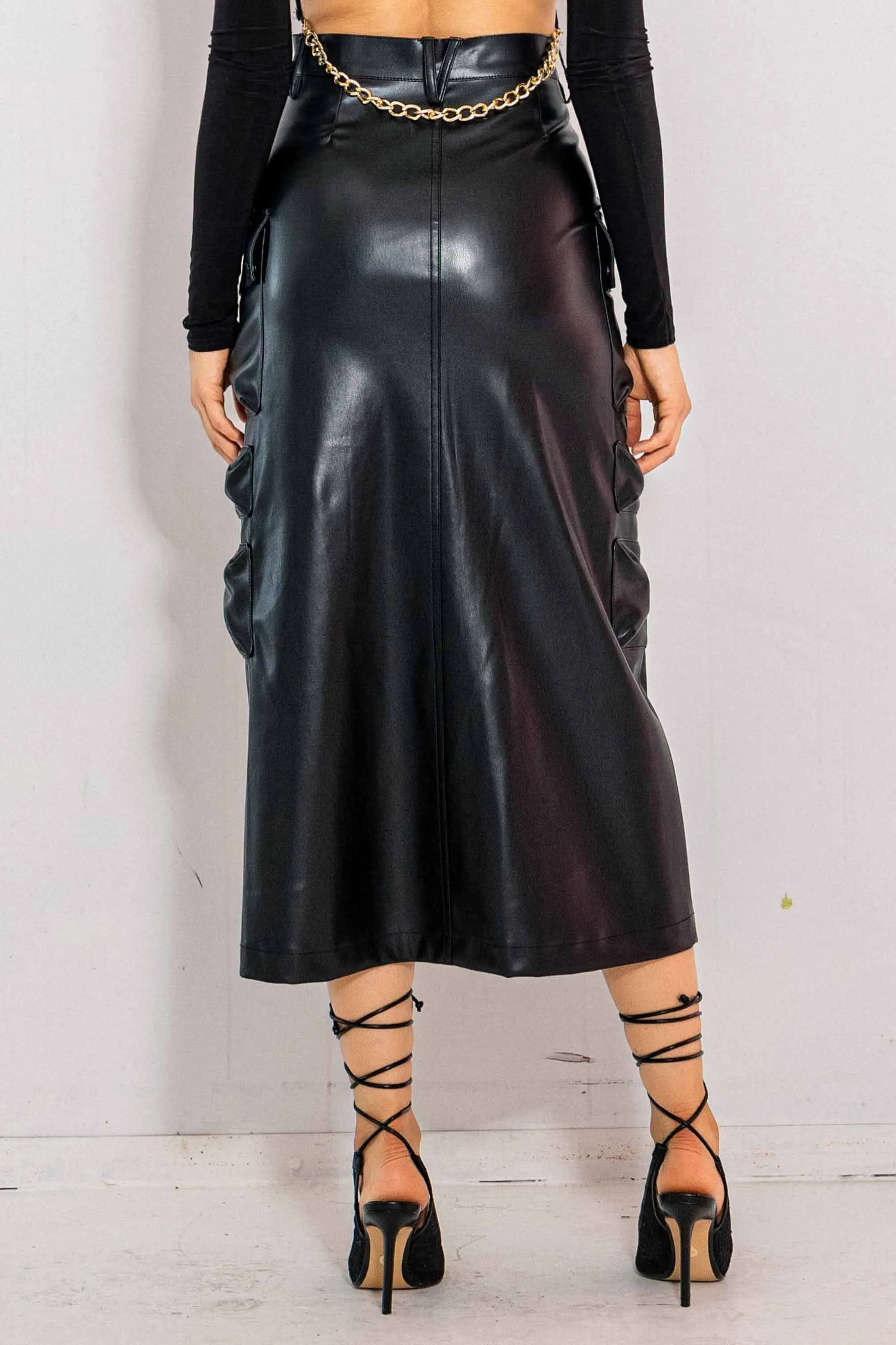 Vegan Leather Cargo Column Skirt