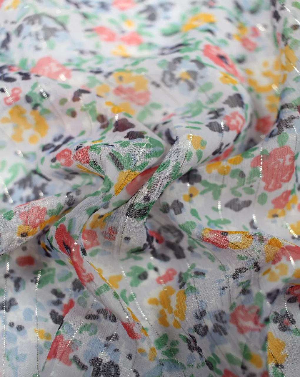 White And Multicolor Floral Print 1 Polyester Chiffon Fabric