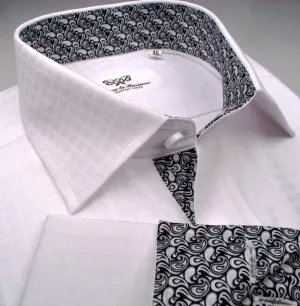 White Herringbone Fade Checkered Formal Business Dress Shirt with Black Paisleys