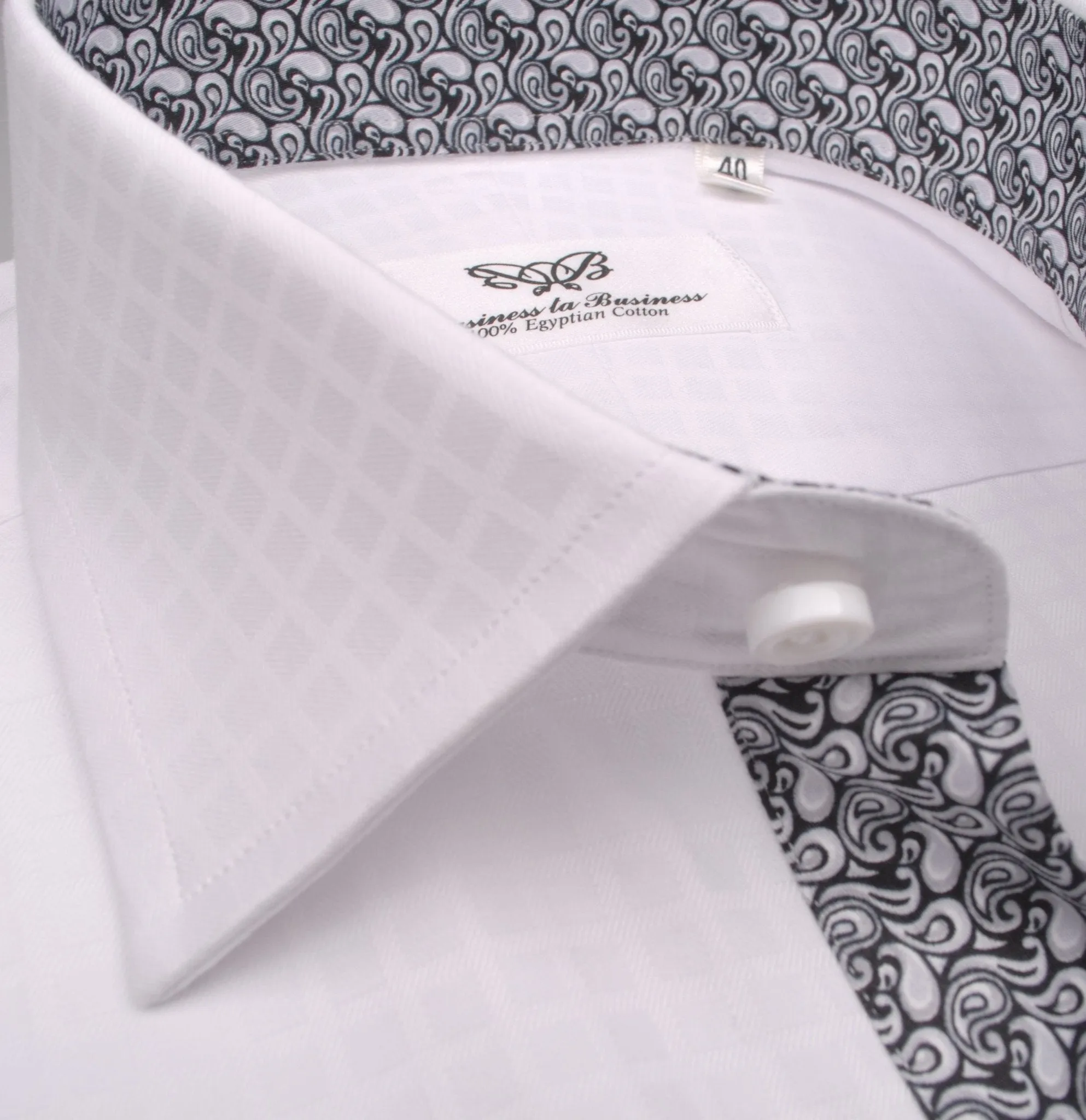 White Herringbone Fade Checkered Formal Business Dress Shirt with Black Paisleys