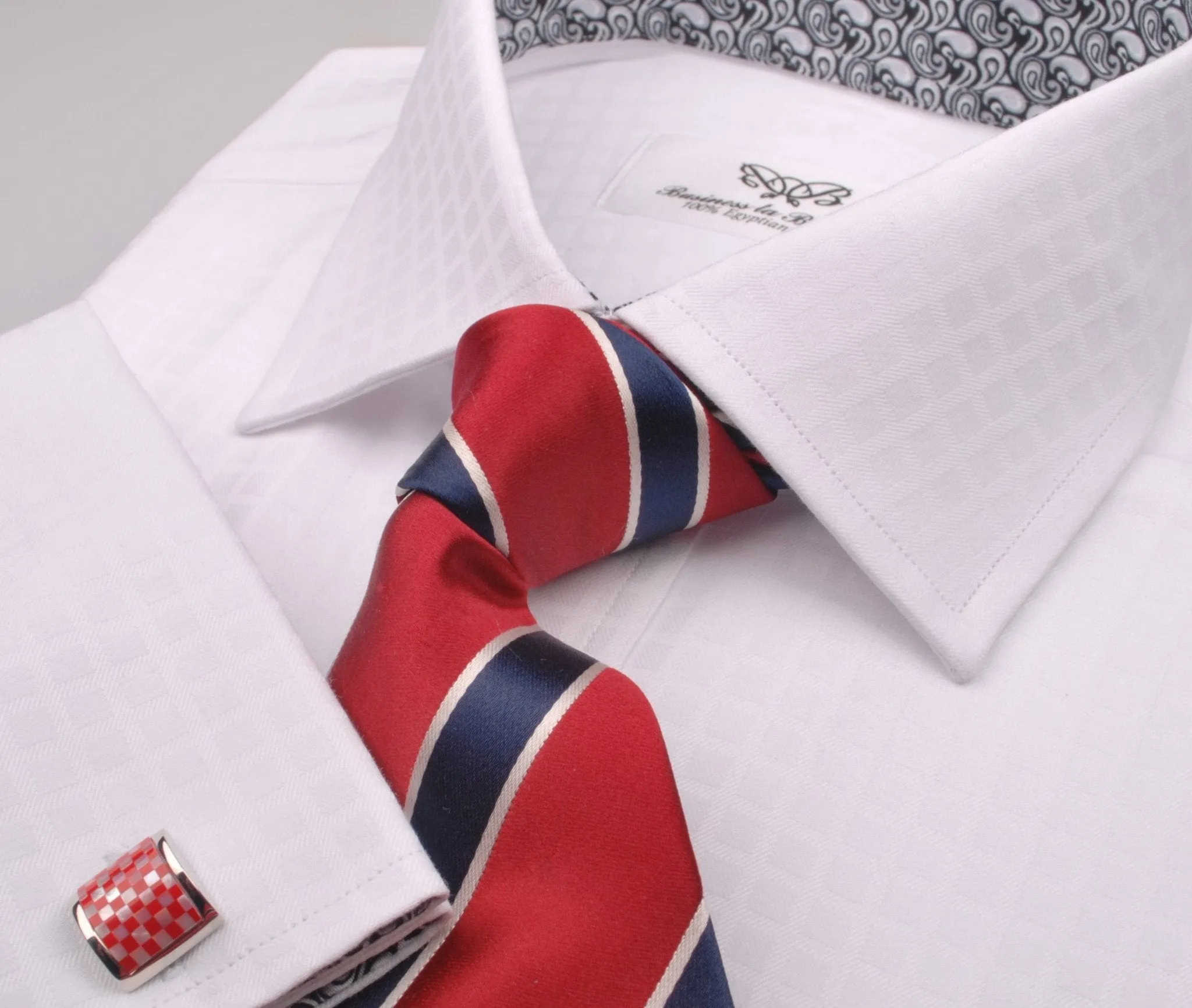 White Herringbone Fade Checkered Formal Business Dress Shirt with Black Paisleys