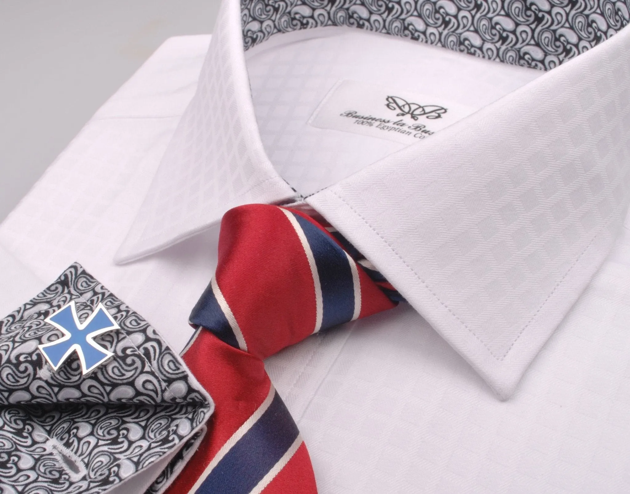 White Herringbone Fade Checkered Formal Business Dress Shirt with Black Paisleys