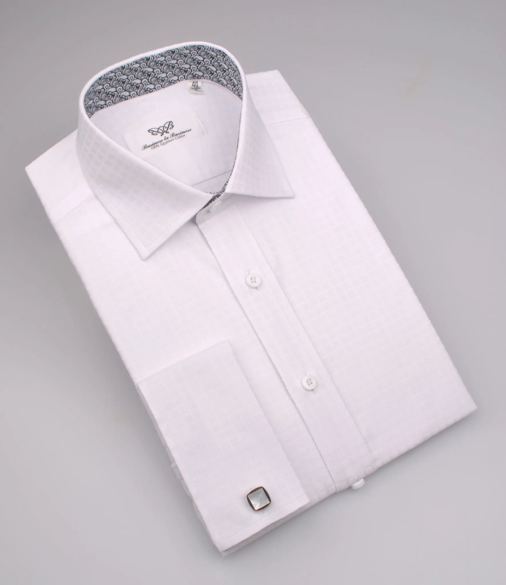 White Herringbone Fade Checkered Formal Business Dress Shirt with Black Paisleys