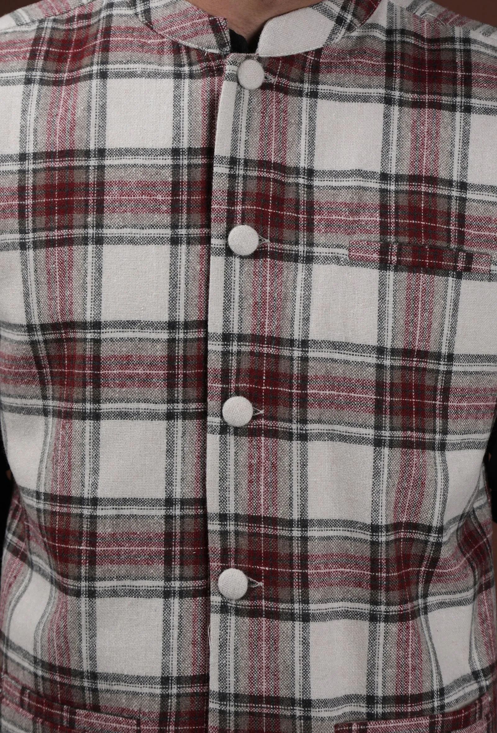 White Woven Tartan Checks Woolen Nehru Jacket With Pockets