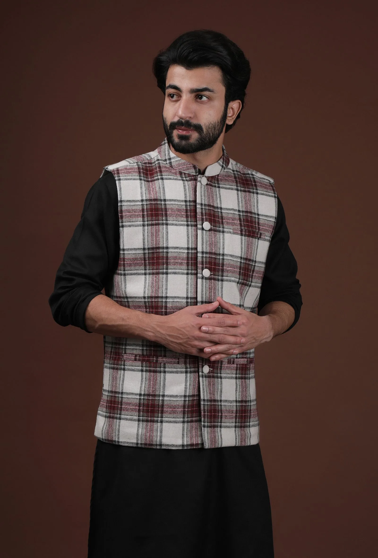 White Woven Tartan Checks Woolen Nehru Jacket With Pockets