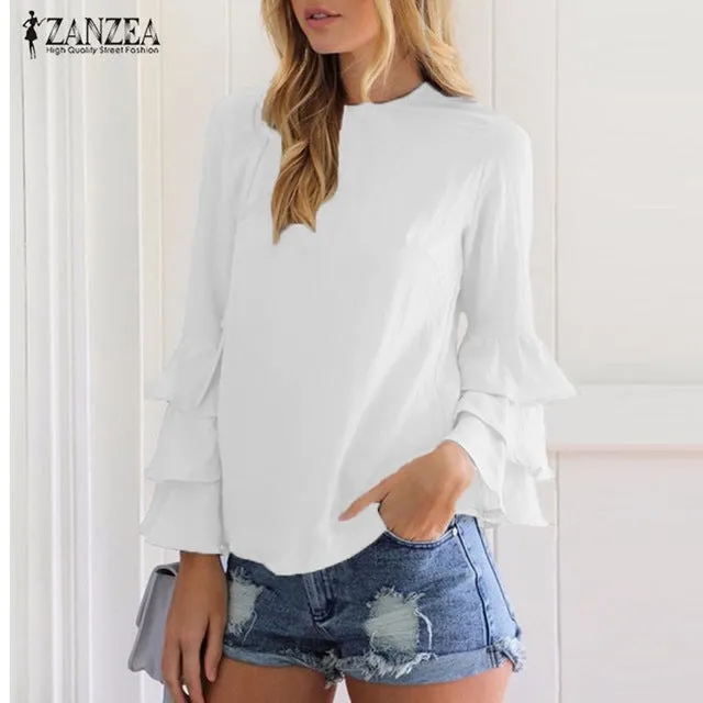 Women Blouses Shirts Autumn Shirts Elegant Ladies O-Neck Flounce Long