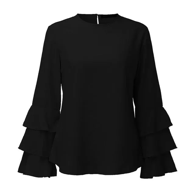 Women Blouses Shirts Autumn Shirts Elegant Ladies O-Neck Flounce Long