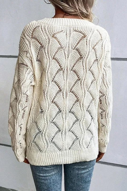 Women Hollow Out Knit V Neck Drop Shoulder Sweater