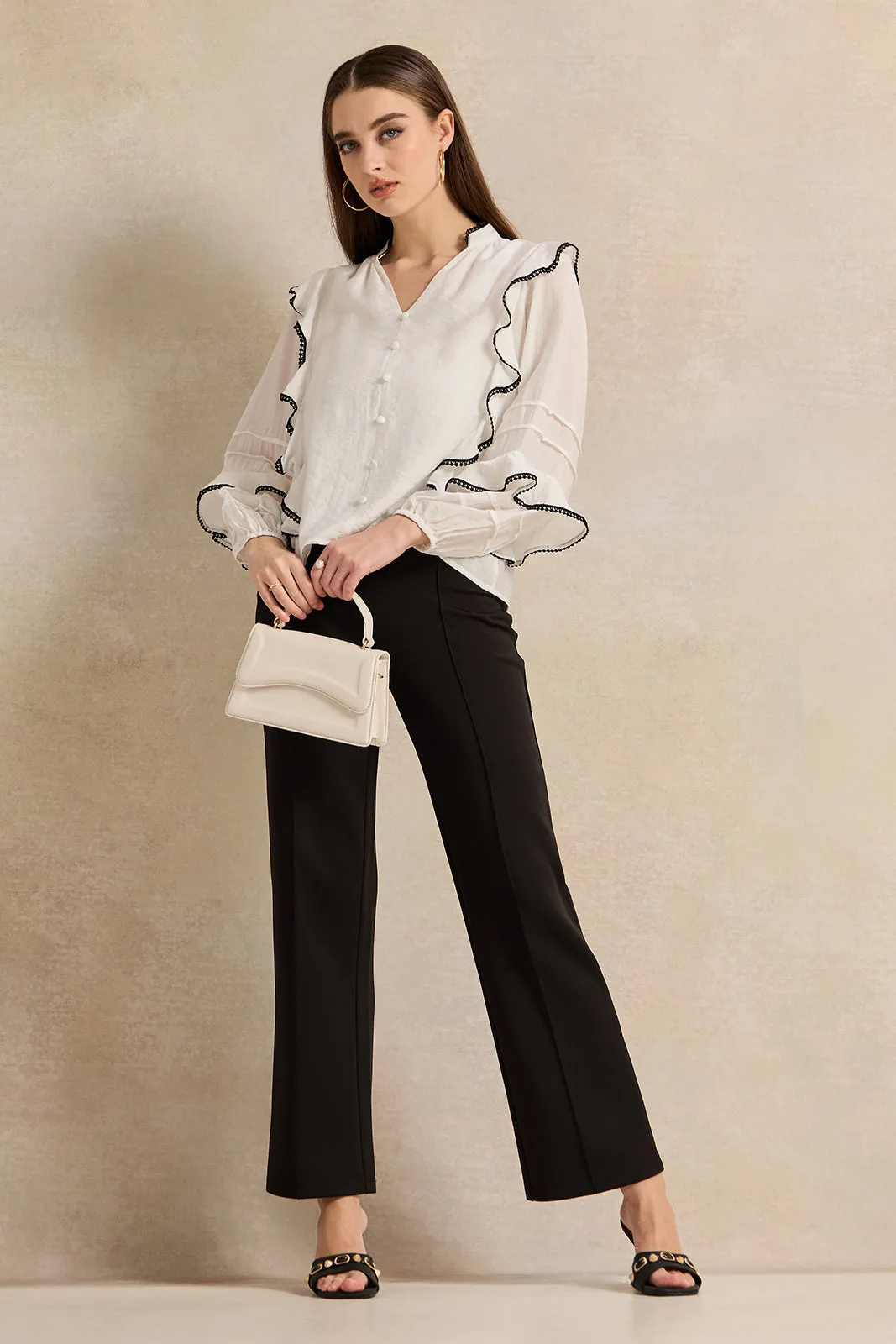 Women Ivory Contrast Edge Ruffle Blouse