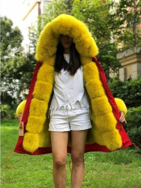 Women Jacket Parka Fashion Real Fox W/Fur Rabbit Lining