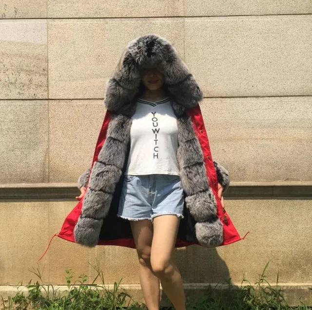 Women Jacket Parka Fashion Real Fox W/Fur Rabbit Lining