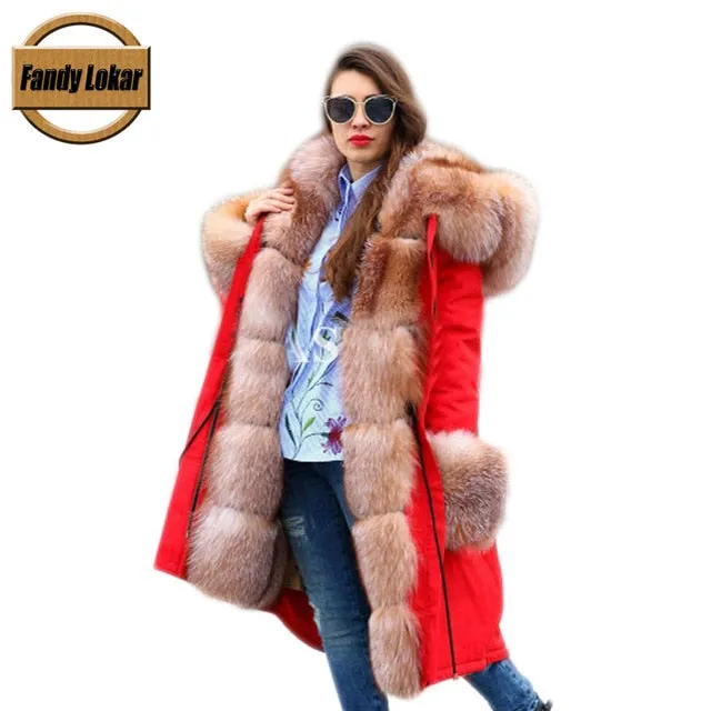 Women Jacket Parka Fashion Real Fox W/Fur Rabbit Lining