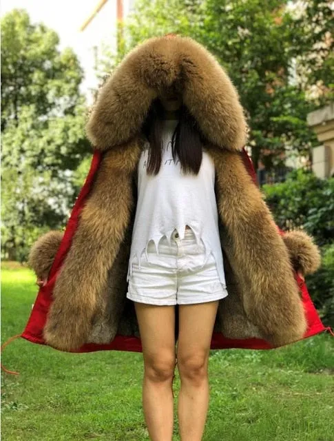 Women Jacket Parka Fashion Real Fox W/Fur Rabbit Lining