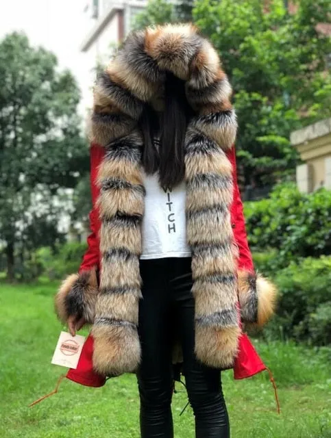 Women Jacket Parka Fashion Real Fox W/Fur Rabbit Lining