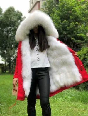 Women Jacket Parka Fashion Real Fox W/Fur Rabbit Lining