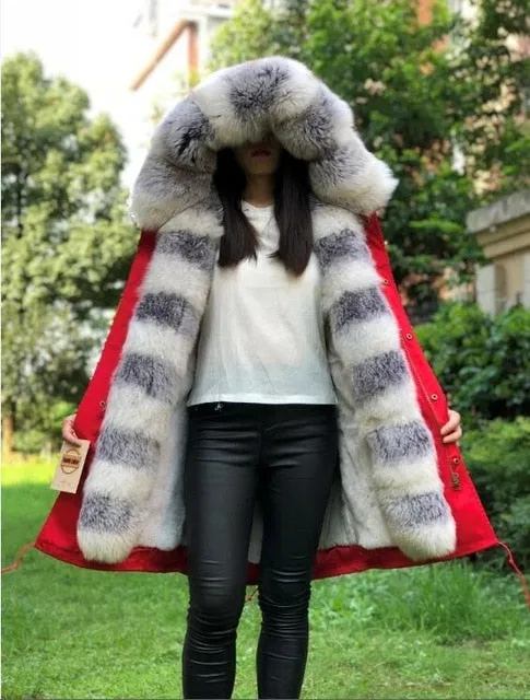 Women Jacket Parka Fashion Real Fox W/Fur Rabbit Lining