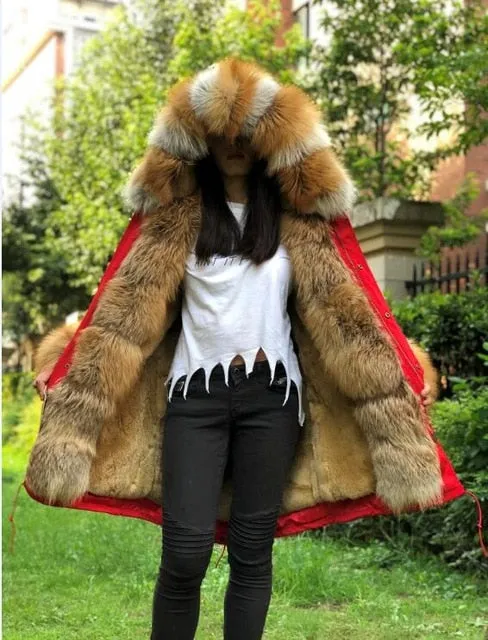 Women Jacket Parka Fashion Real Fox W/Fur Rabbit Lining