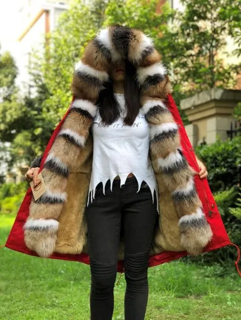 Women Jacket Parka Fashion Real Fox W/Fur Rabbit Lining