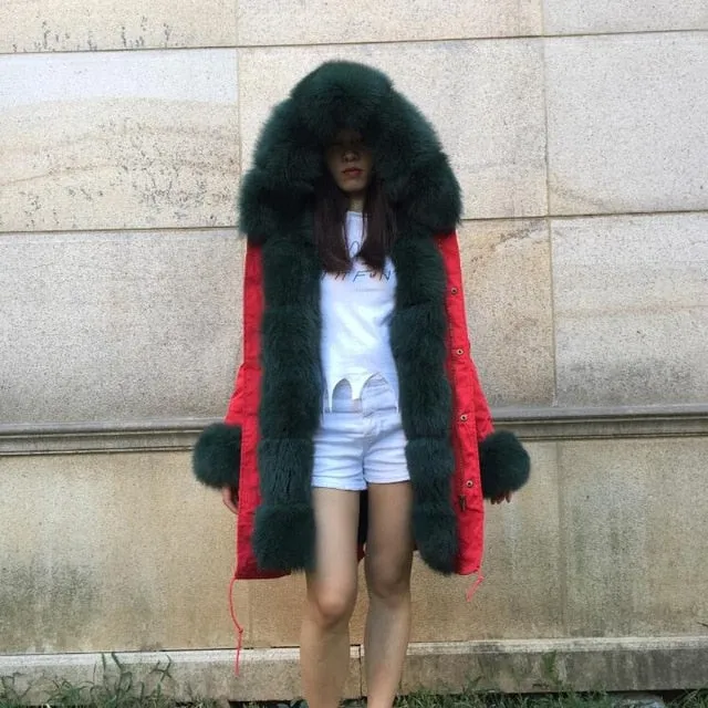 Women Jacket Parka Fashion Real Fox W/Fur Rabbit Lining