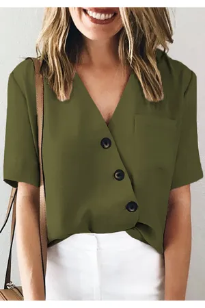 Women Loose Style Short Sleeve Easy V-Neck Elegent Solid Colored Summer Casual Blouse - WSB102970