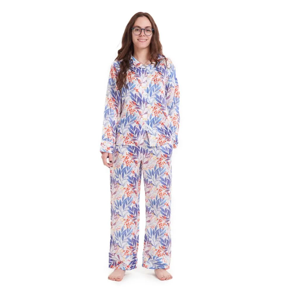 Women Satin summer pajama set Blue x Orange Flower buttoned shirt   Pants