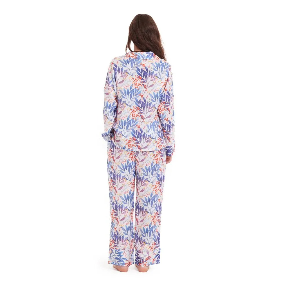 Women Satin summer pajama set Blue x Orange Flower buttoned shirt   Pants