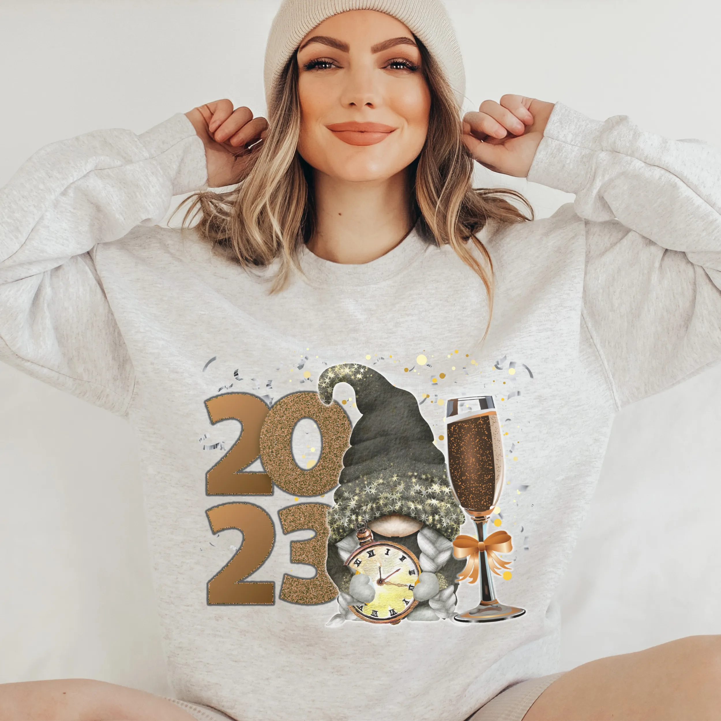 Women's Cute New Year Gnome Cozy Crewneck Sweatshirt in Ash, White or Black Christmas or New Year's Gift for Her Soft Pullover