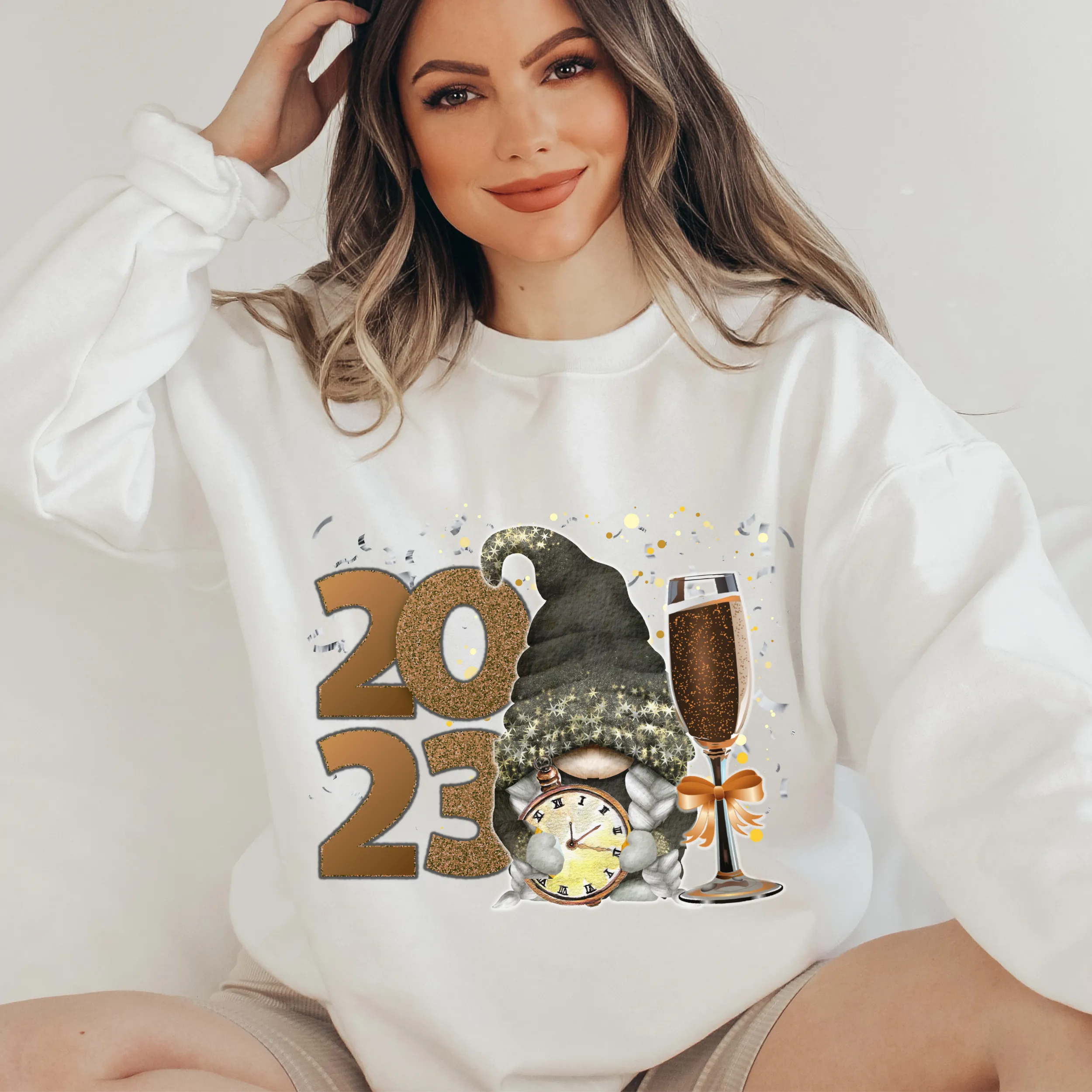 Women's Cute New Year Gnome Cozy Crewneck Sweatshirt in Ash, White or Black Christmas or New Year's Gift for Her Soft Pullover