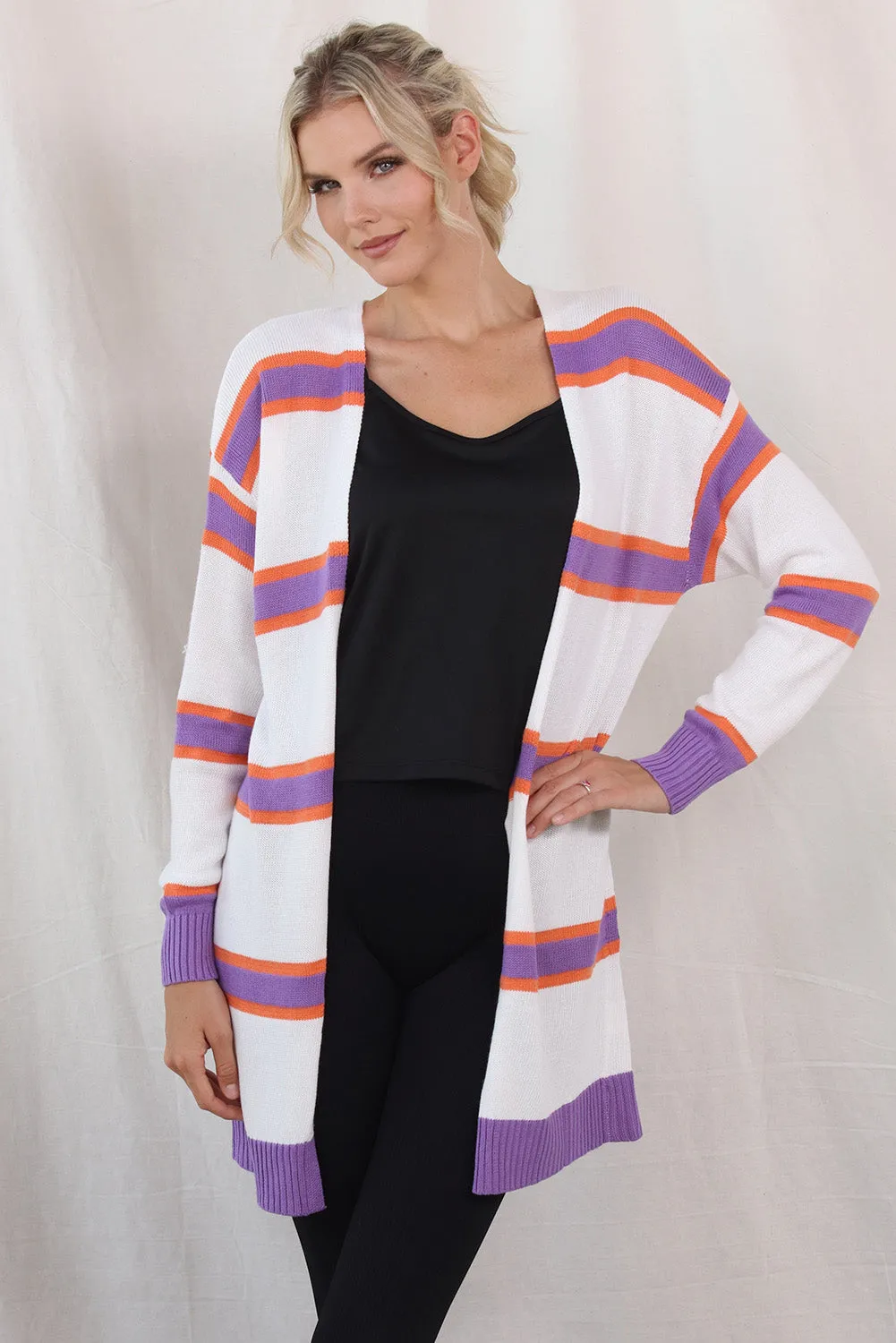 Women's Striped Long Sleeve Open Front Ribbed Trim Cardigan