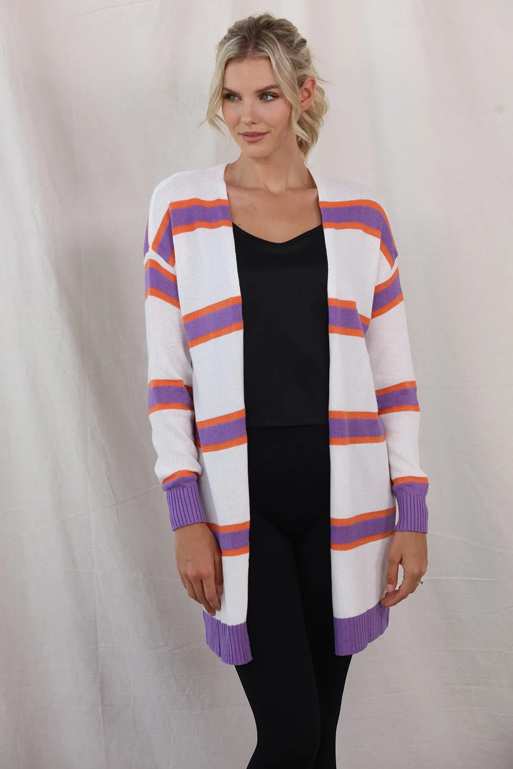 Women's Striped Long Sleeve Open Front Ribbed Trim Cardigan