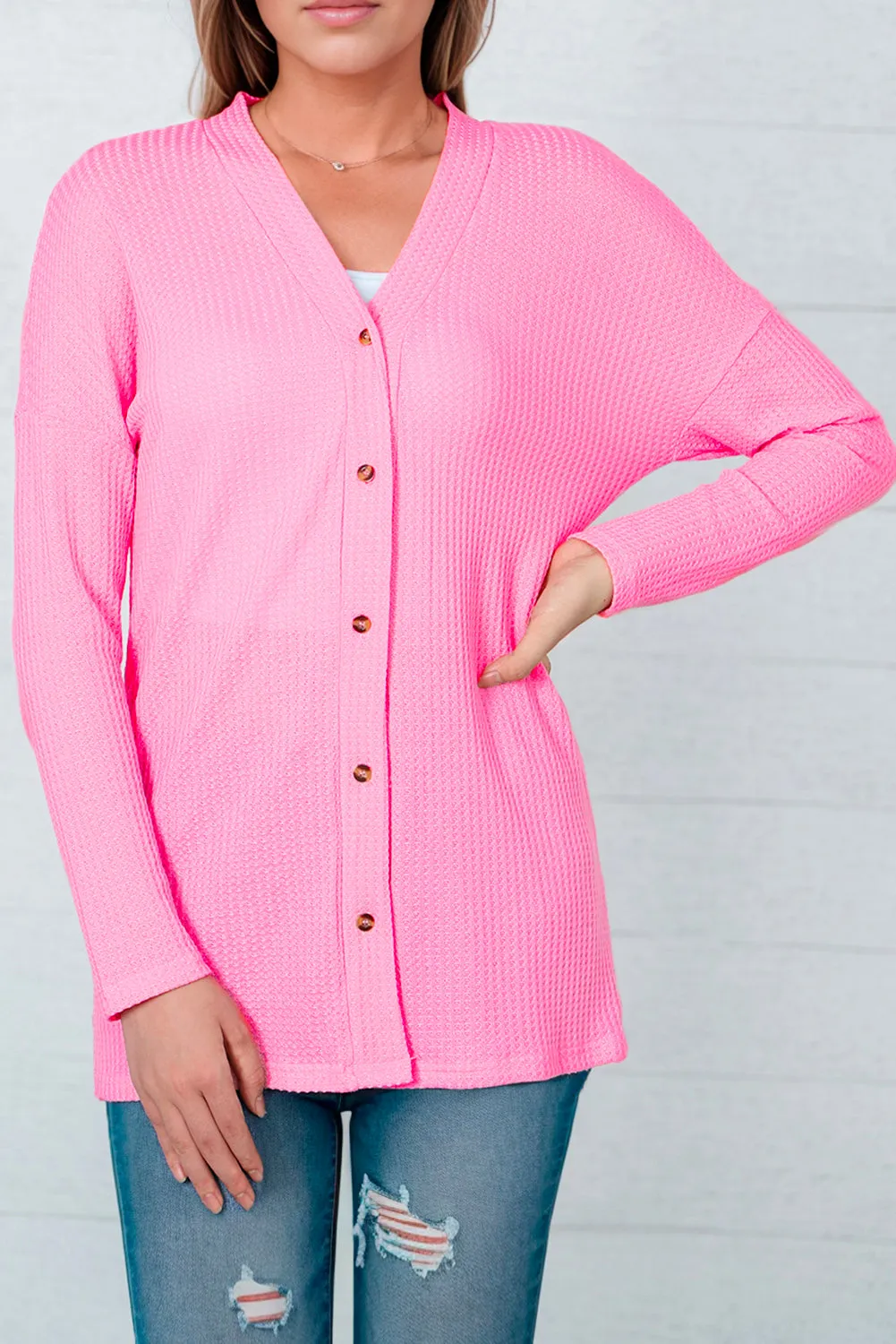 Women's Waffle Knit Dropped Shoulder Pink Cardigan