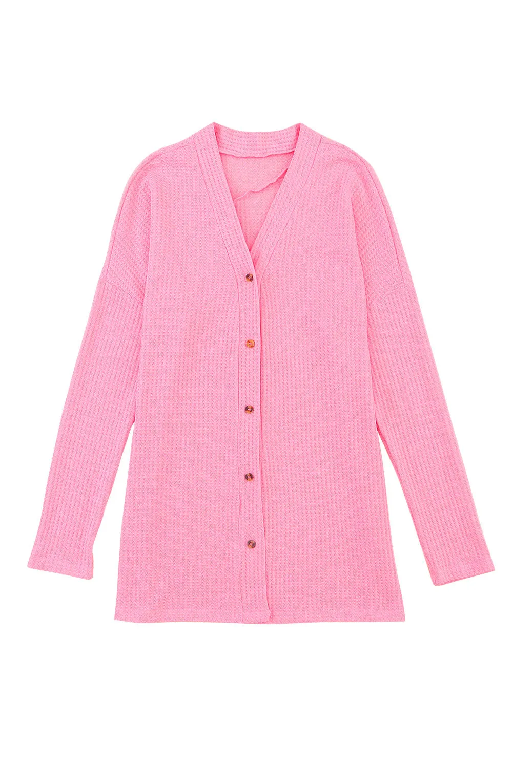 Women's Waffle Knit Dropped Shoulder Pink Cardigan