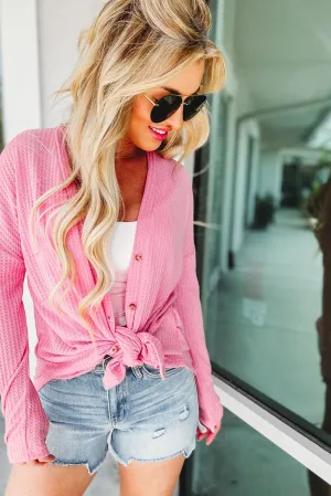 Women's Waffle Knit Dropped Shoulder Pink Cardigan