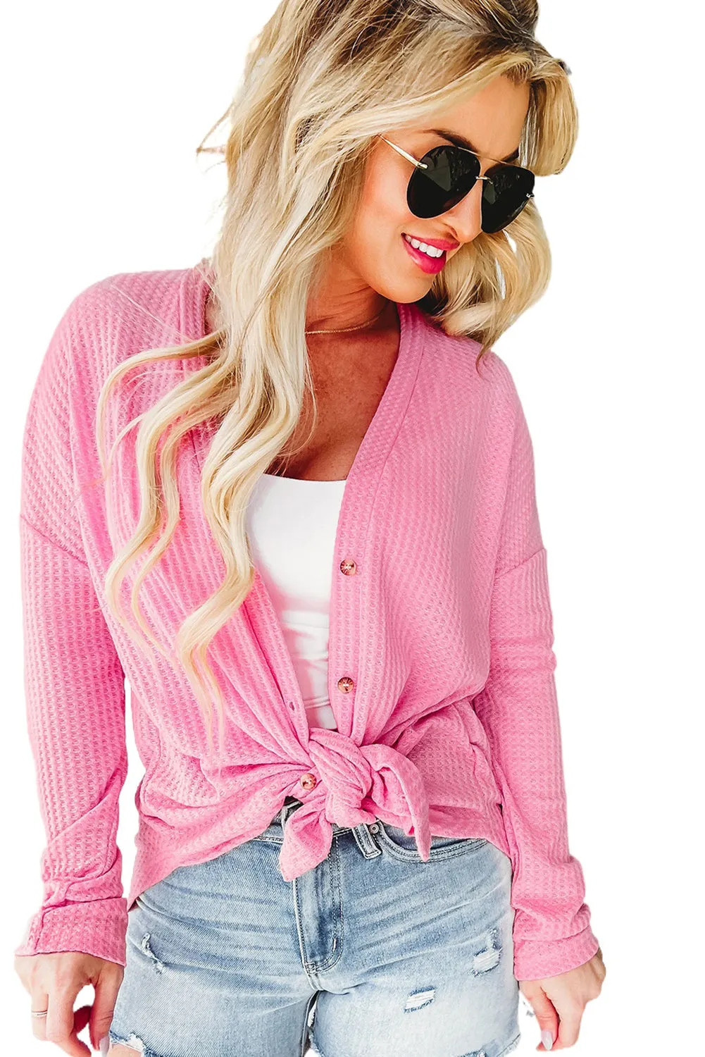 Women's Waffle Knit Dropped Shoulder Pink Cardigan