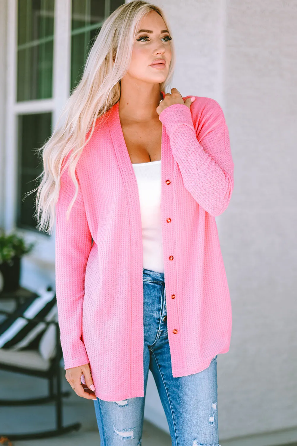 Women's Waffle Knit Dropped Shoulder Pink Cardigan