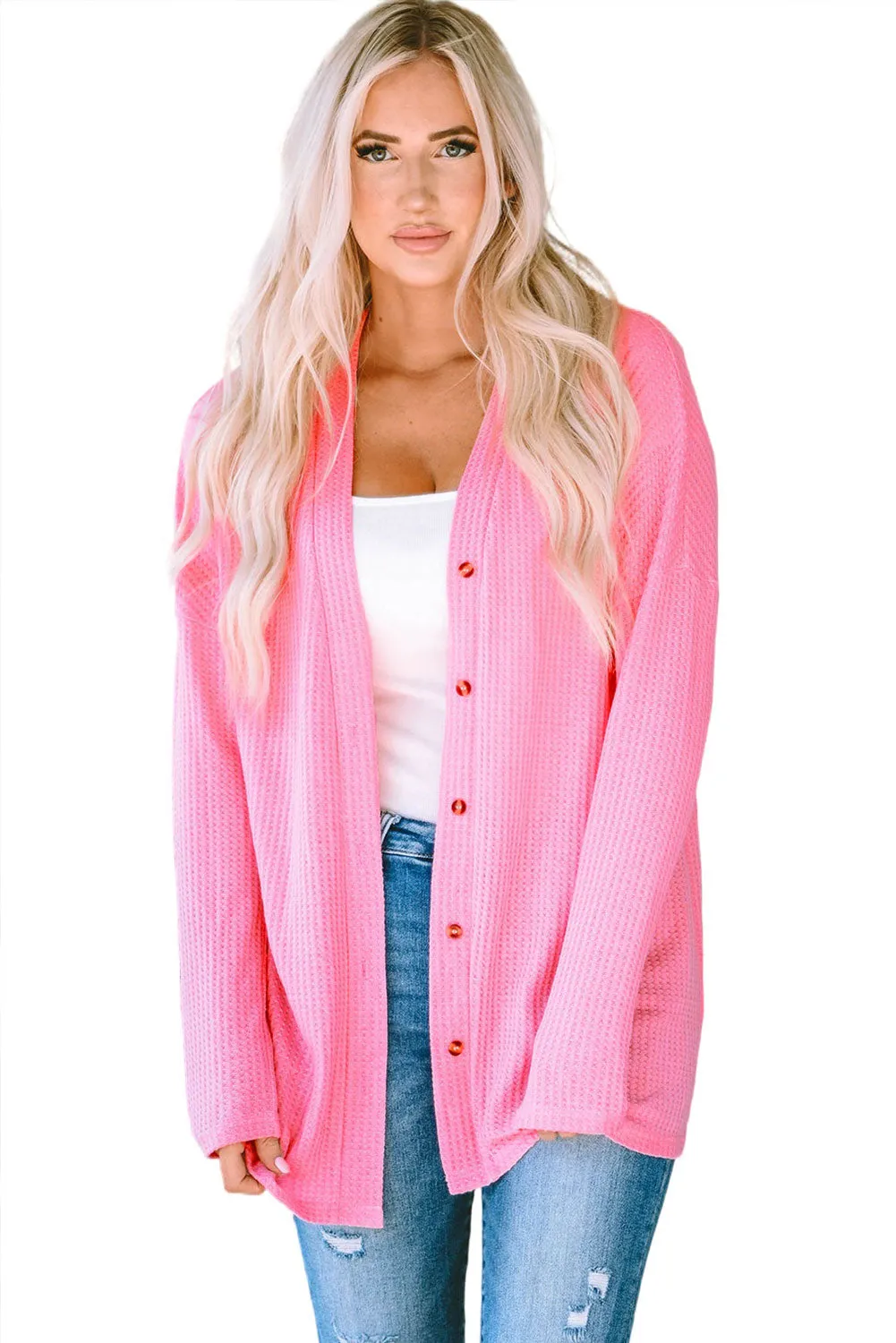 Women's Waffle Knit Dropped Shoulder Pink Cardigan