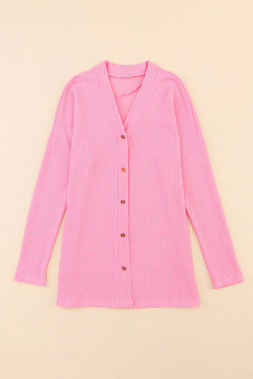 Women's Waffle Knit Dropped Shoulder Pink Cardigan