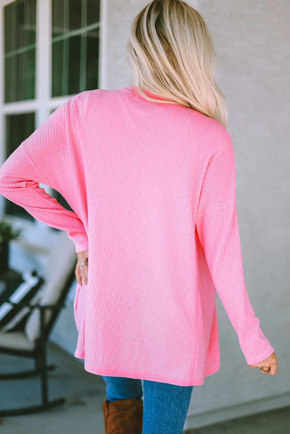 Women's Waffle Knit Dropped Shoulder Pink Cardigan