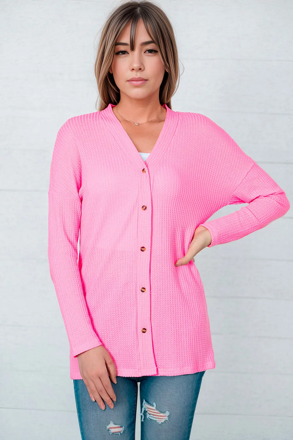 Women's Waffle Knit Dropped Shoulder Pink Cardigan